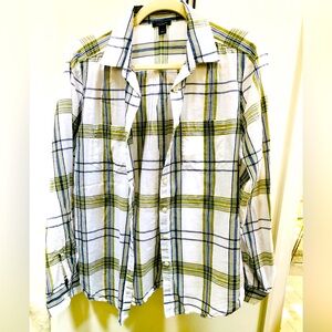 Ann Taylor Women’s  White and Green Plaid Shirt